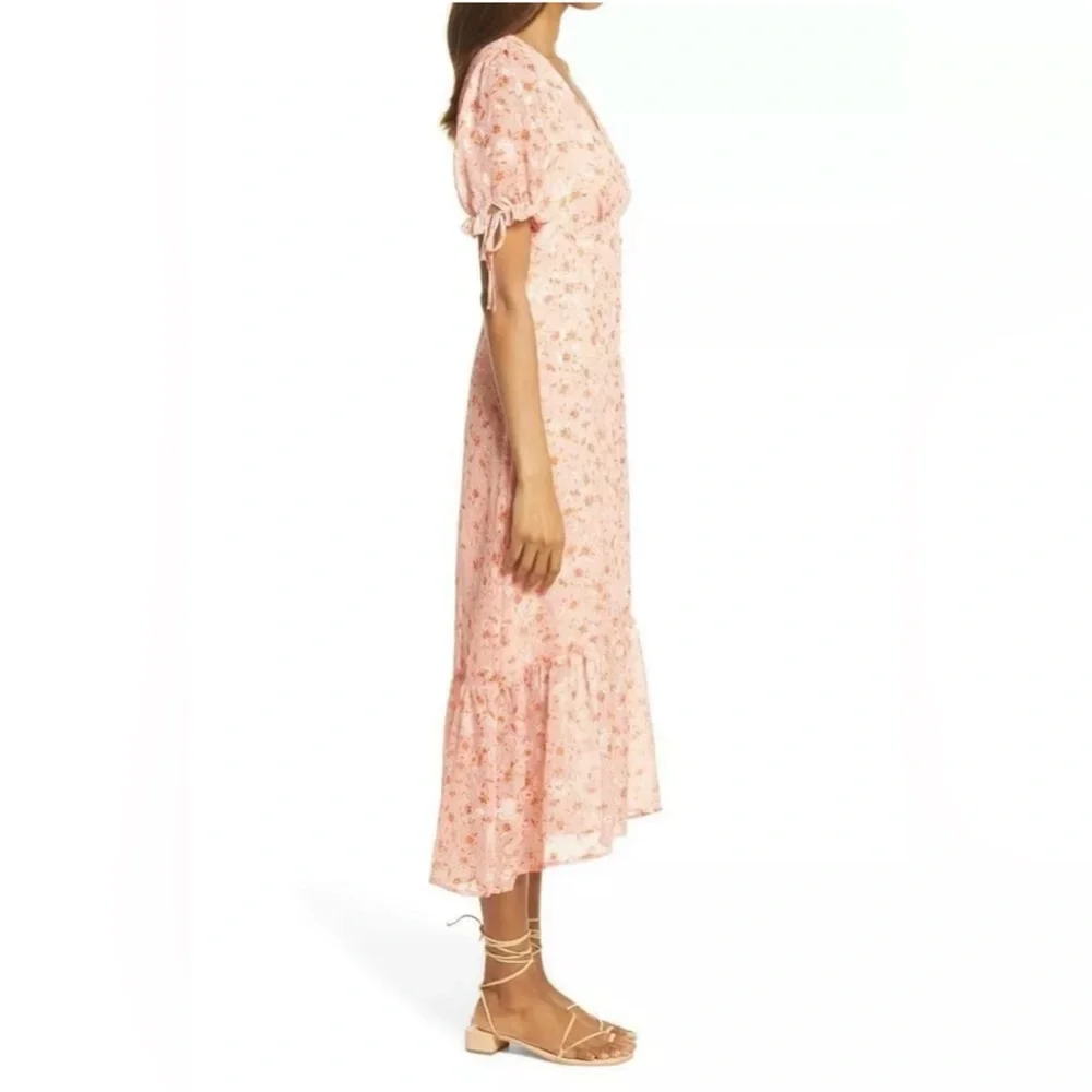 Chelsea 28 Prairie Coral Floral Tie Sleeve Ruffle Hem Midi Dress Size L(12/14)⭐️ - Picture 5 of 15